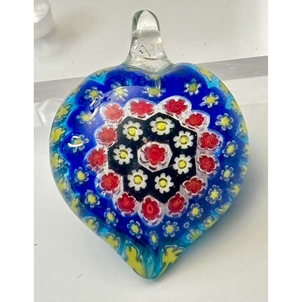 Vintage Millefiori Glass Bohemian Heart Pendant Blue Floral Murrine Lampwork